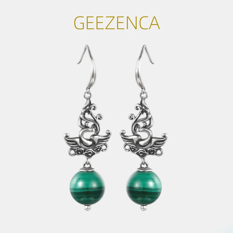 

GEEZENCA, натуральный Малахит 925, Женская Этническая мода, висячие серьги Феникс 2023, любимый подарок