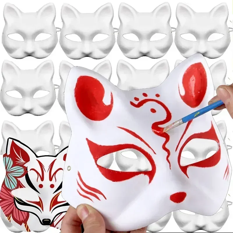 1-10pcs Japanese Mask Paper Blank Mask Halloween Cosplay Cat DIY Paintable Half Face Mask Animal Costume Party Decor Craft Prop