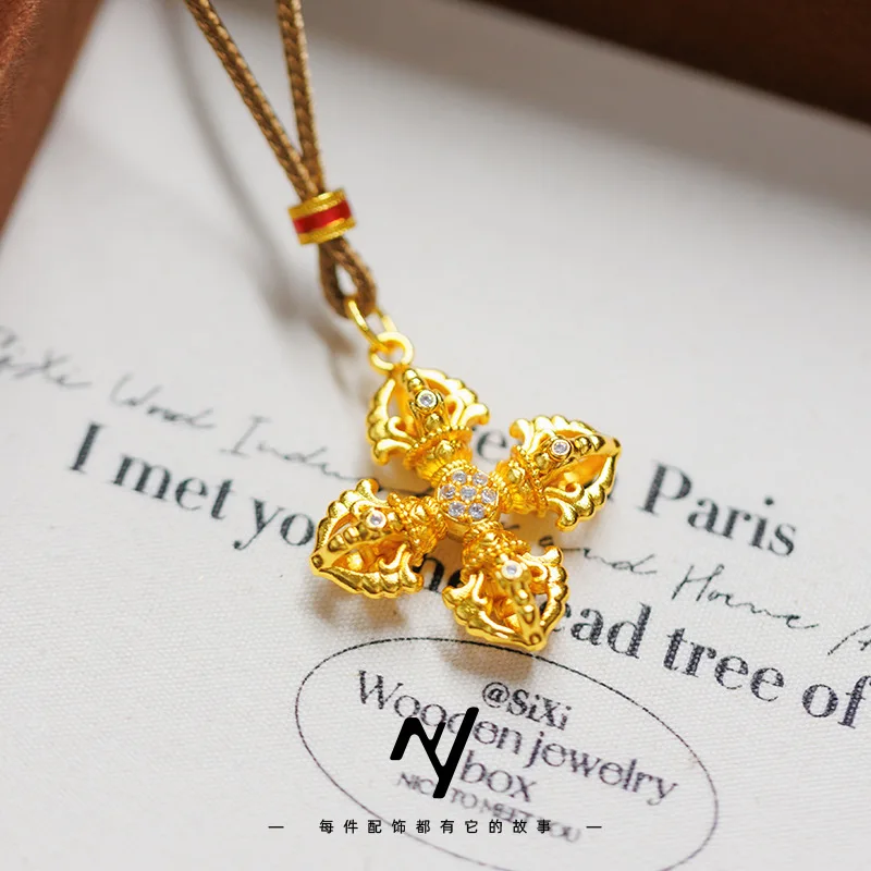 True gold 999 True Gold 999 Light luxury court style Ancient Method gold Cross Vajra Pendant Inlaid Moissanite Vajra pendant nec