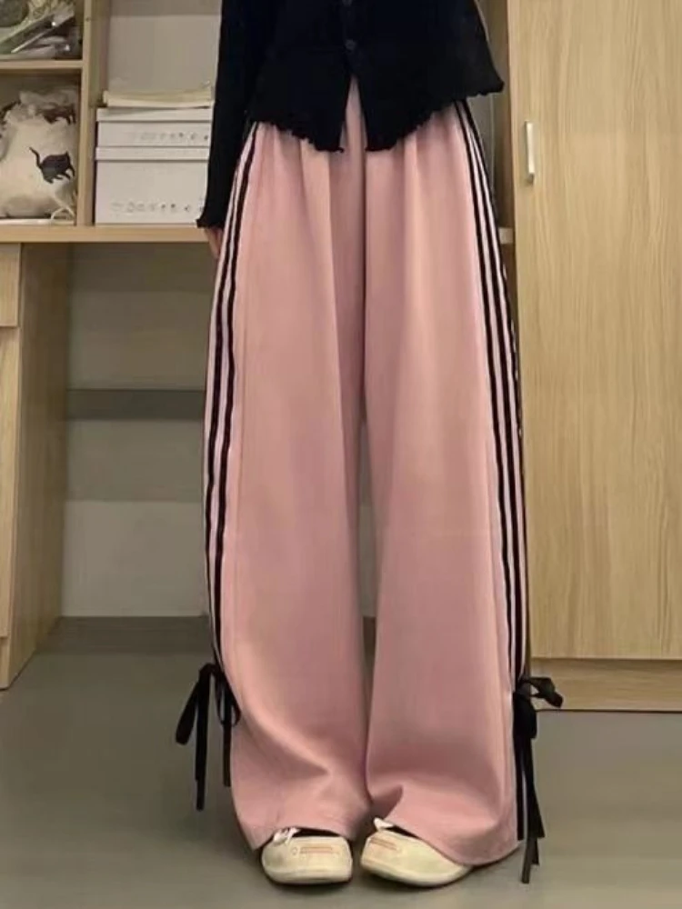 

ADAgirl Pink Y2k Sweatpants Women Streetwear Fashion Baggy Bow Side Stripe High Waist Sports Pants Hip Hop Causal Mujer Joggers