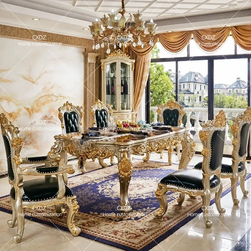 European Style Solid Wood Dining Table and Chairs Set Rectangular Flower Pattern Large Size for Villa Restaurant Home Use