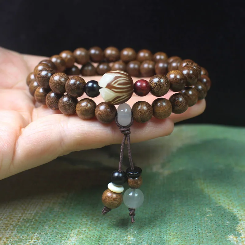 8mm Golden Sandalwood Lotus Double Loop Bracelet Buddhist Prayer Beads for Men and Women Gifts