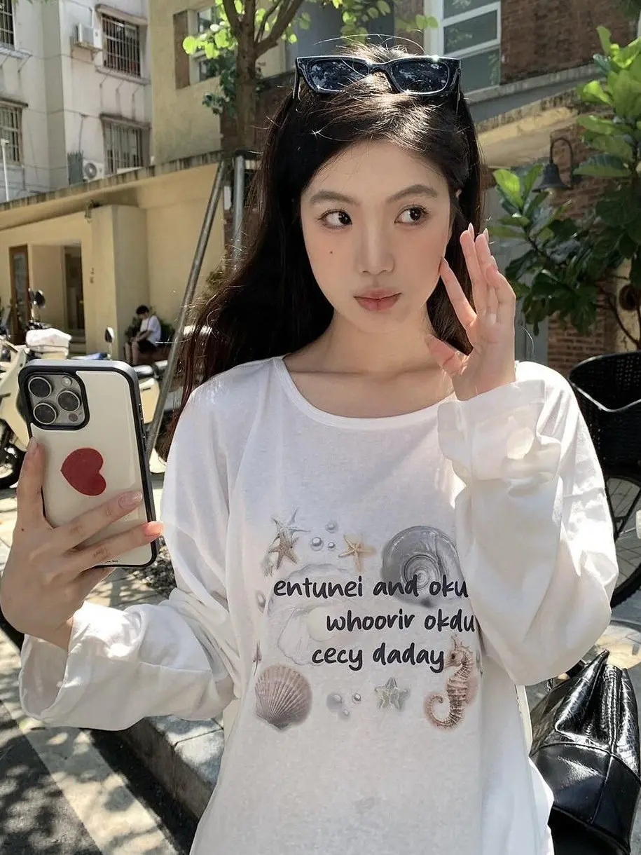 

Fun Printed Long Sve T-irt Summer New Thin Loose oulder Casual Cover up Top Comfortable Commute Sle Polyester Fiber