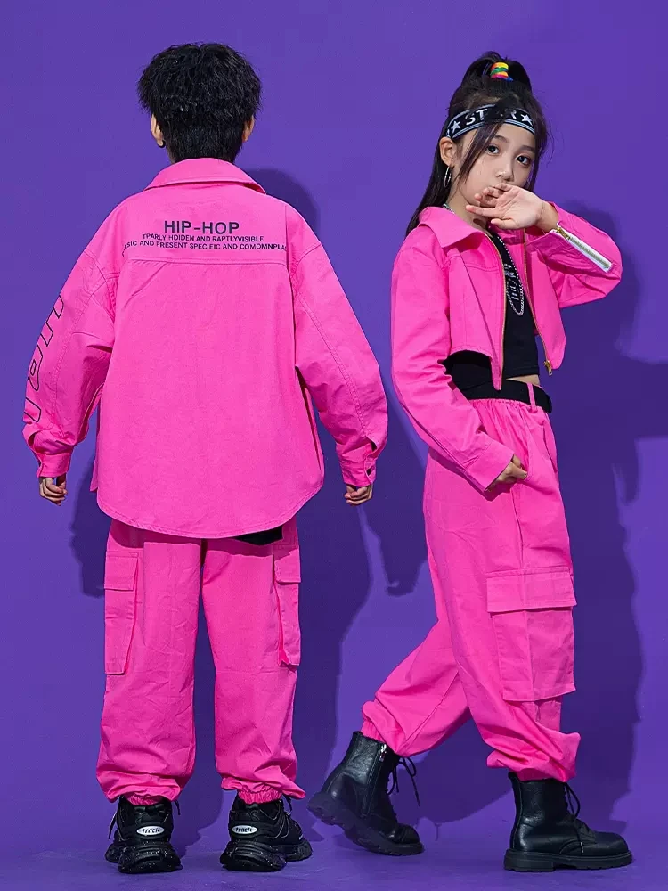 Pink Hip Hop Dance Clothes For Kids Kpop Costume Tooling Coat Cargo Pants Girls Concert Group Hiphop Performance Outfit BL9485