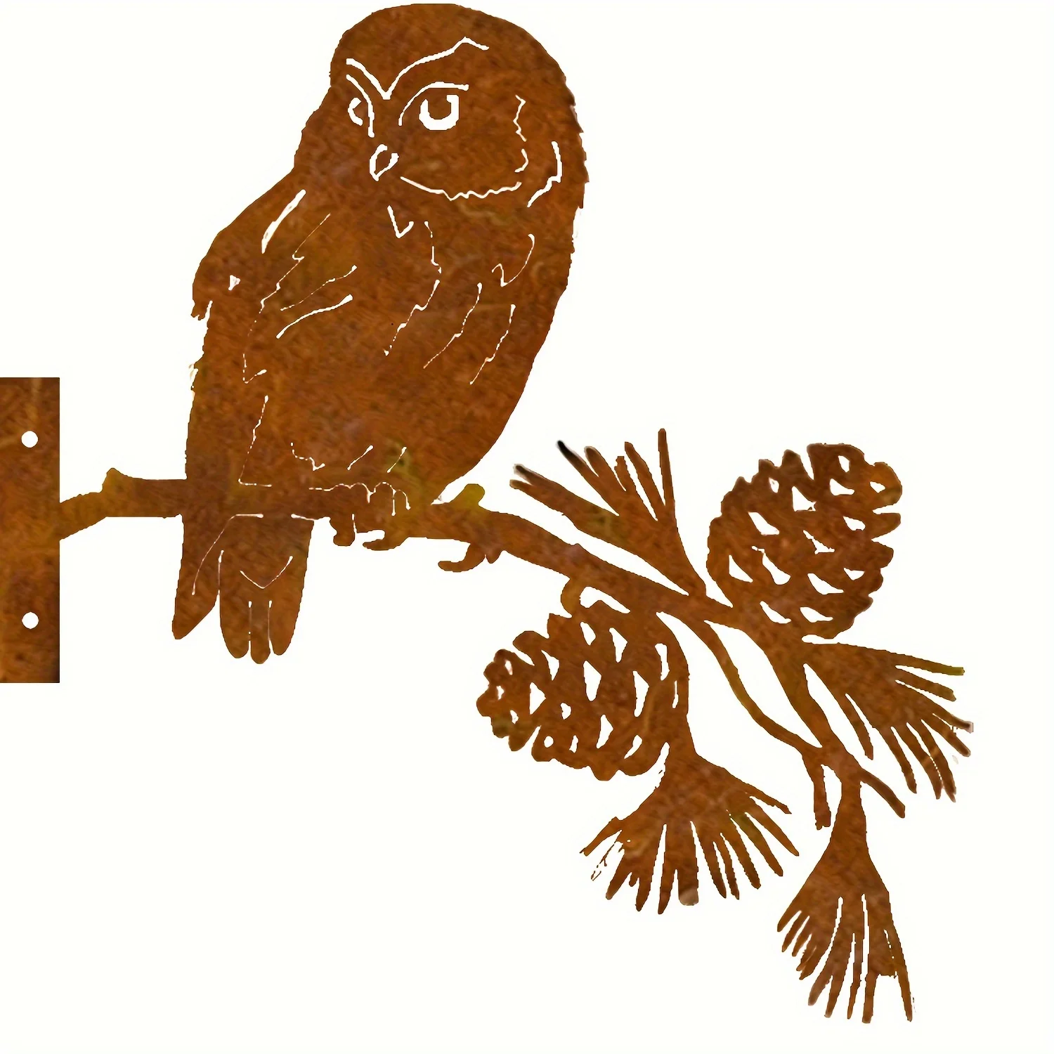 Adorno de Jardín Vintage de Hierro Oxidado con Búho en Rama de Pino, Silueta de Pájaro Rústica Decorativa para Patio y Jardín Exterior