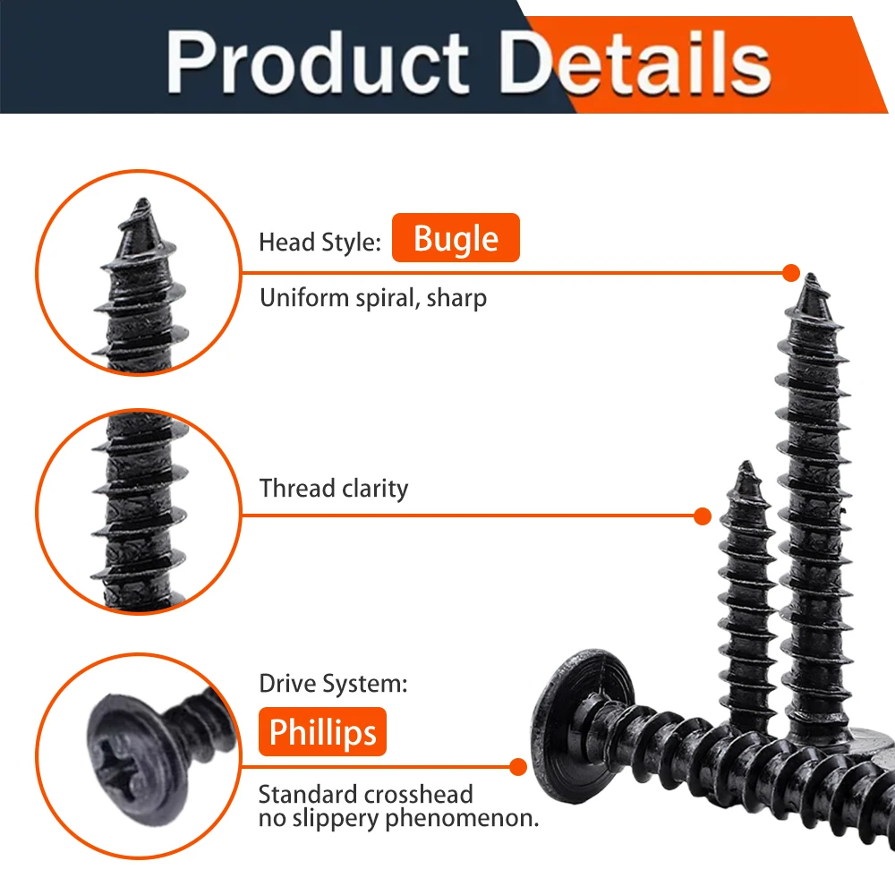 Набор из 700 шт. M3,5 M4 M5 PWA, черные саморезы с гайками, винты с резьбой из углеродистой стали, стопорные гайки, комплект винтов по дереву