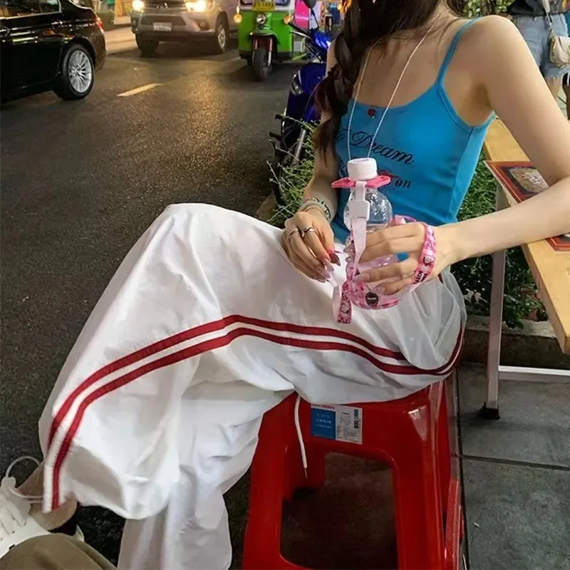 سراويل رياضية كاملة مخططة متعددة الجيوب للنساء، سراويل رياضية أنيقة فضفاضة وعصرية كلاسيكية مستقيمة غير رسمية عالية الخصر وواسعة الساق