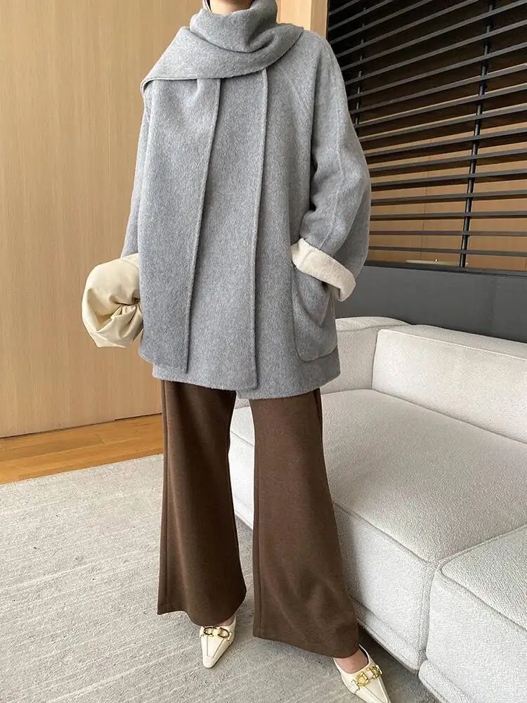 Coffee With Scarf Big Size Thick Woolen Coat New O-neck Long Sleeve Women Jacket Fashion Tide Autumn Winter
