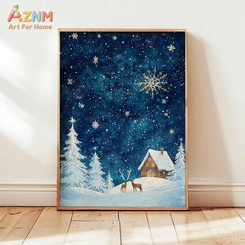 AZNM Winter Starry Night Snowy Forest Cabin Deer Canvas Wall Art Snowflake Pine Tree Christmas Watercolor Landscape Home Unframe