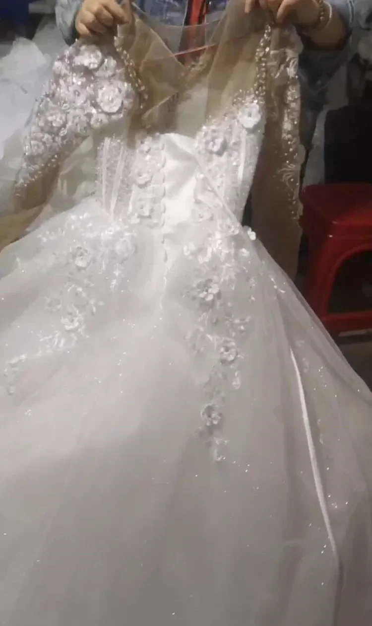 Robe de Mariée Personnalisée à Manches sulfBouffantes et Modestes, Vêtement Type Appliques de Perles