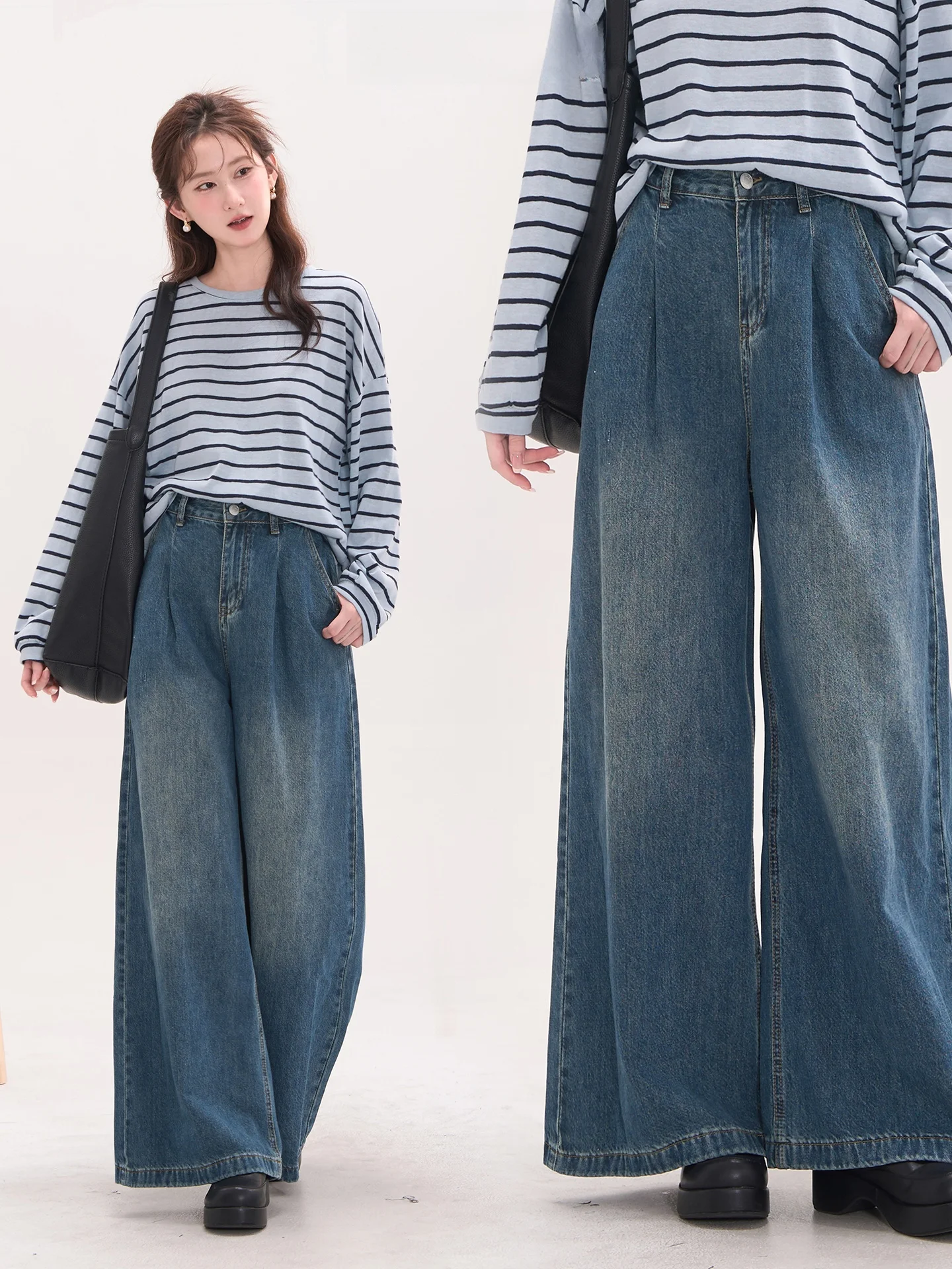 

Винтажные плиссированные синие джинсовые брюки с высокой талией, женские осенние узкие широкие джинсы с цветочным принтом, Heme, легко сочетающиеся