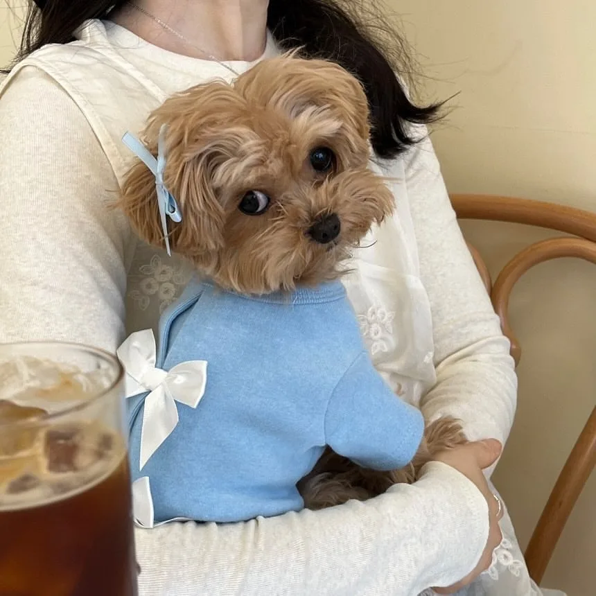 Winter Poodle Bottoming Shirt New Style Pet Warm Clothing Adorable Bow Tie Small Dog Pullover Solid Colour Dog Clothes
