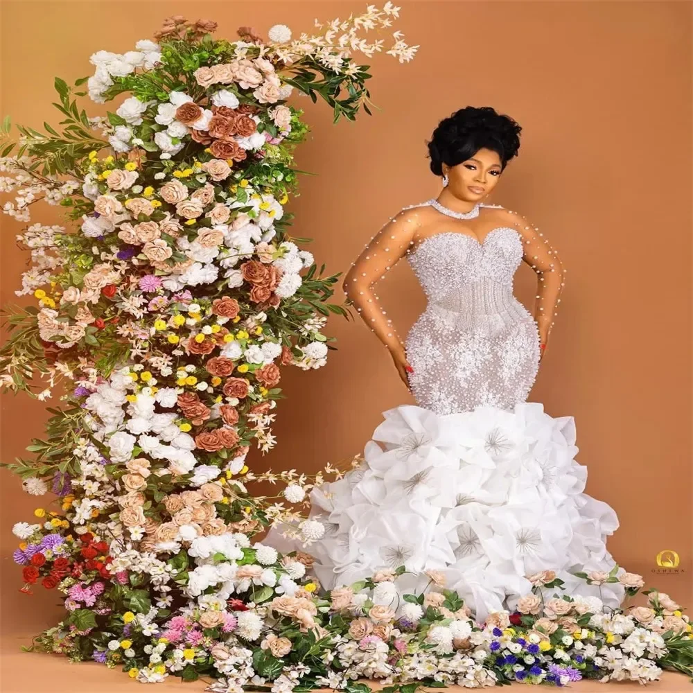 Robe De mariée sirène personnalisée, col rond, perles scintillantes, manches longues, fleurs faites à la main