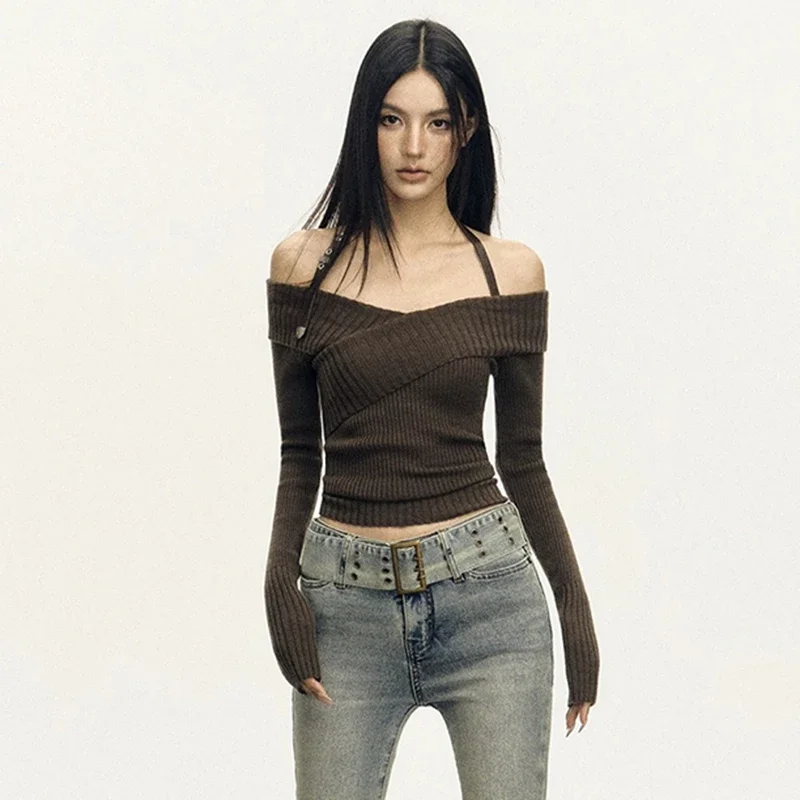 سترة نسائية مكشوفة الأكتاف من MEXZT Y2K بلوفرات محبوكة مثيرة مقصوصة هاراجوكو عتيقة برقبة مائلة ملابس تريكو شتوية #4