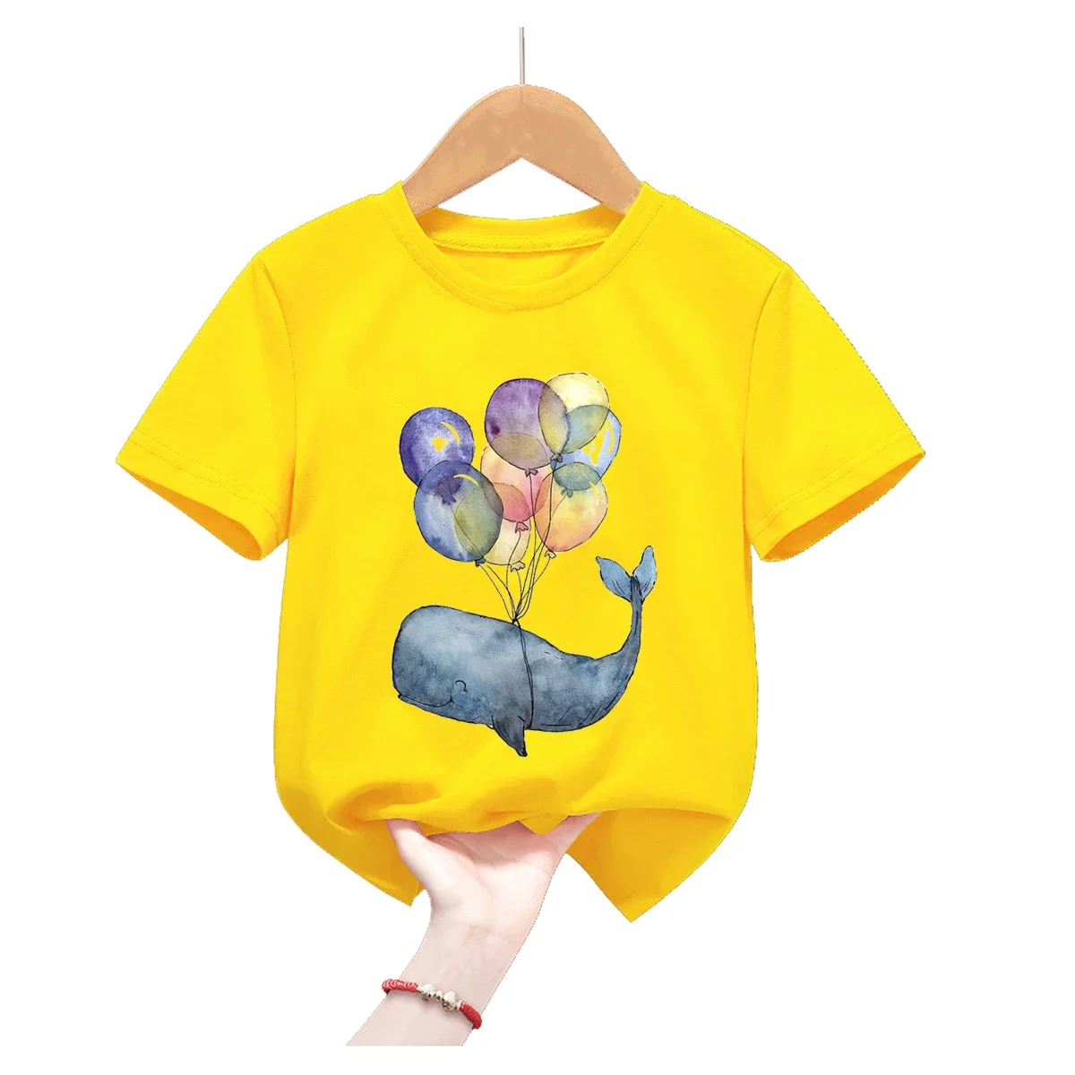 Cute Dolphin With Balloon Print Yellow Tshirt Girls/Boys Harajuku Kawaii Kids Clothes Whale Flowers Summer Tops Fashion T Shirt