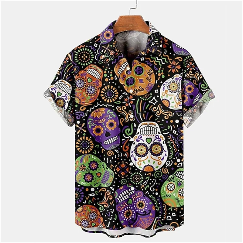 Vintage Skull Print Shirts Men's Personalized Breathable Shirt Summer Cool Button Shirts Men's Hawaiian Short Sleeve Shirts