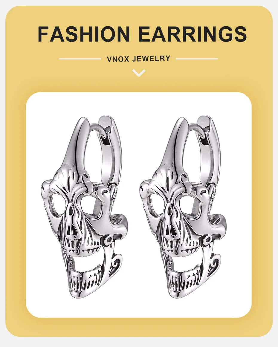 Vnox Gothic Totenkopf Huggie Hoop Ohrringe für Männer, Edelstahl Punk Hohl Skelett Rock Halloween Vintage Ohrschmuck Geschenk – Detail 1