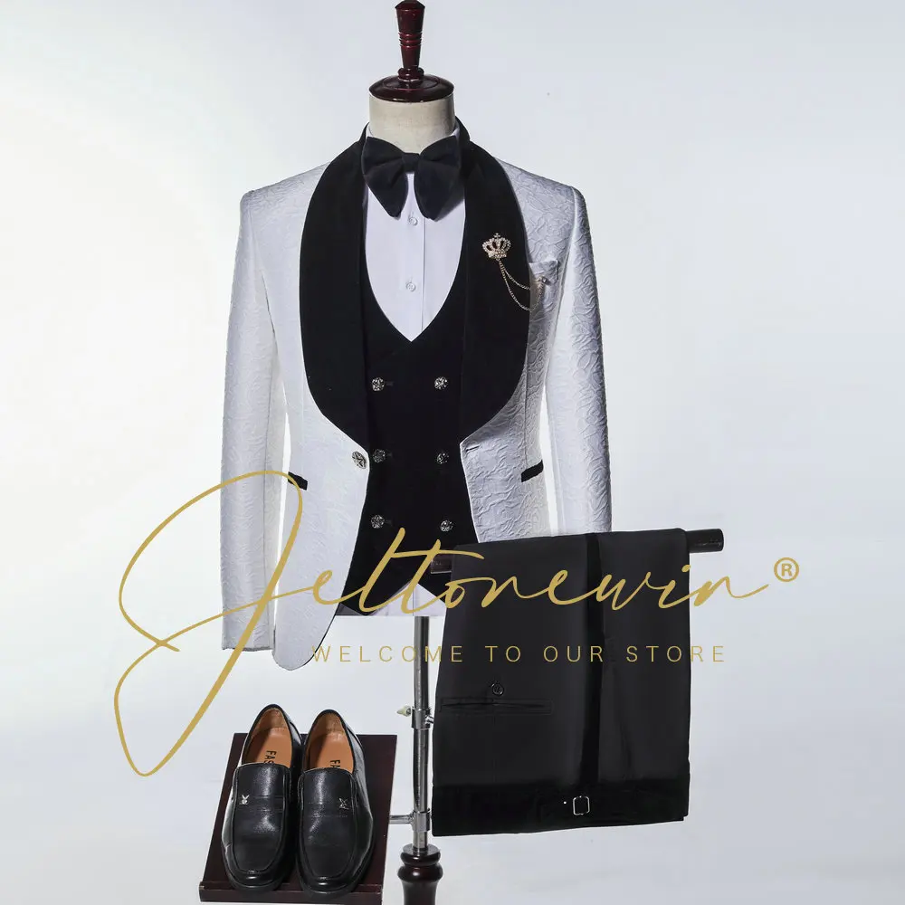 

Wedding Suits For Men 2022 New Design Formal Tuxedo White Floral Coat Black Vest Pant Groom Party Suit 3 Pieces Costume Homme