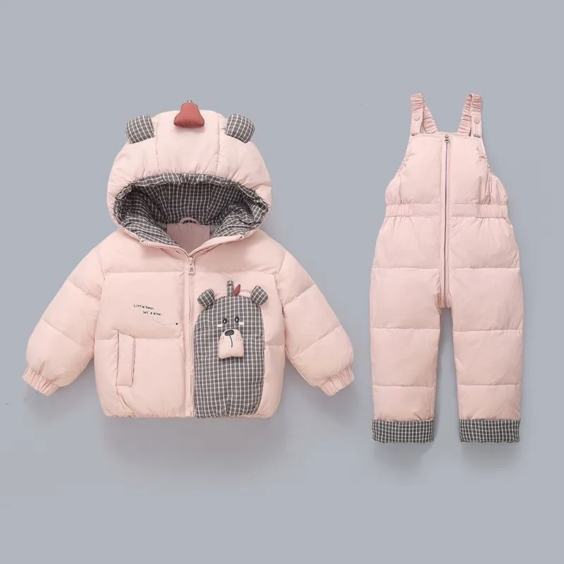 OLEKID Winter Babys Girls 2PCS Clothes Set 1-4Yrs Kids Girls Plaid Duck Down Jackets+stappy Pant Suit Babys Girls Snowwear Suits