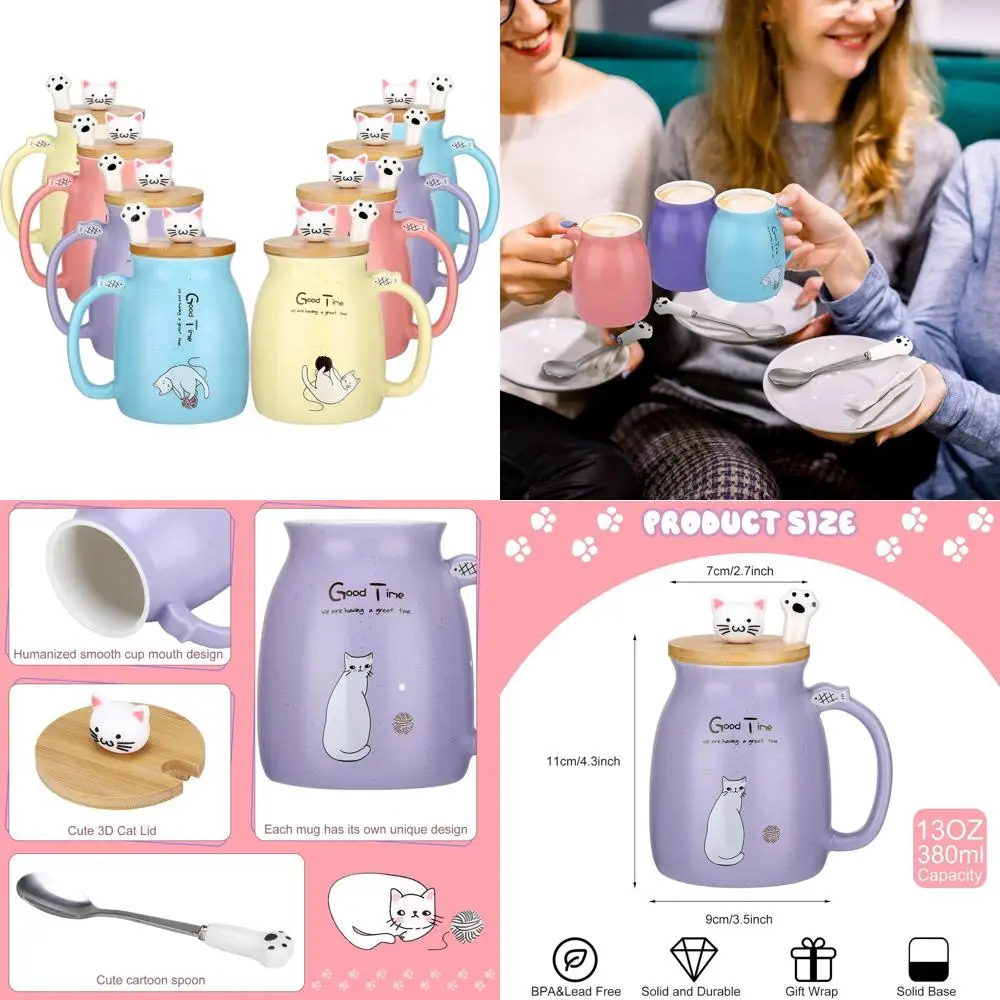 

Cute Kawaii Cat Ceramic Mug Set with Lid and Paw Spoon, 12.85 oz, Perfect for Tea and Coffee Lovers, Ideal Gift for Cat Enthusia