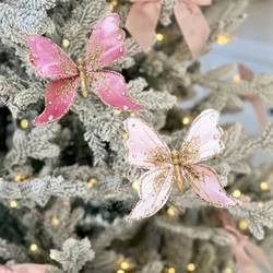 Pink Butterfly Clip Christmas Tree Decorations Artificial Butterfly Flower Ornaments for Xmas New Year Christmas Tree Wreath