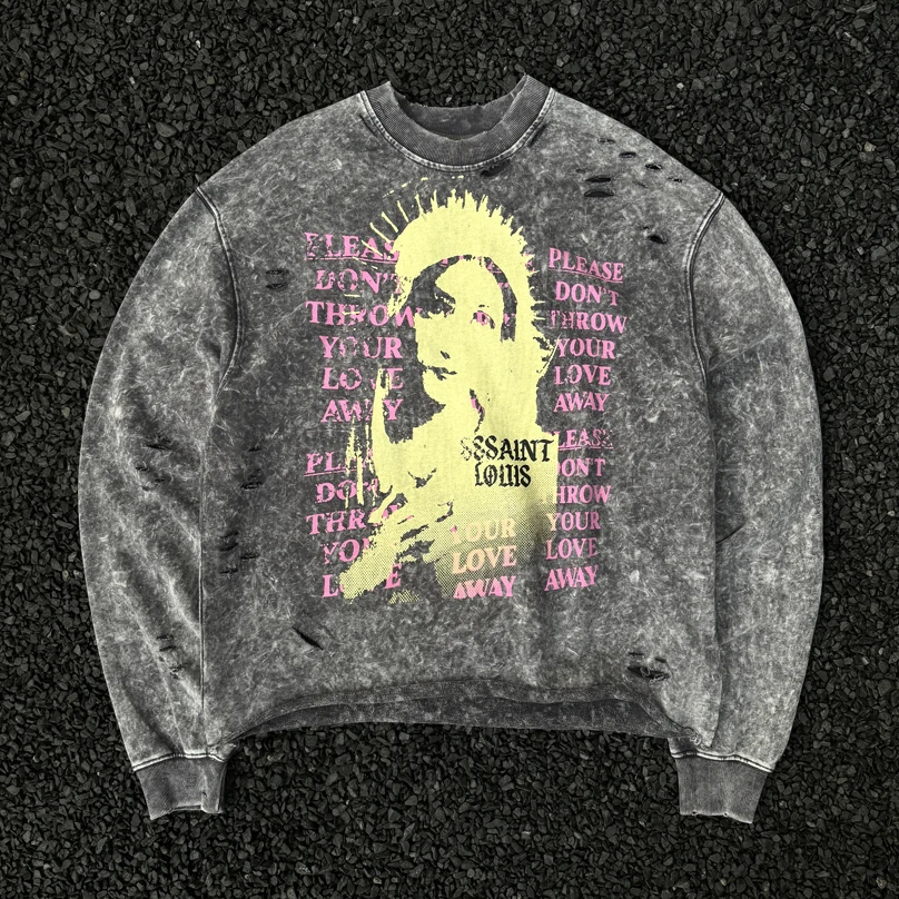 

Heavy Fabric Vintage Washed Saint Female Portrait Print Round Neck Sweatshirts Men Women Oversized Cut Damaged Hoodie Pullovers