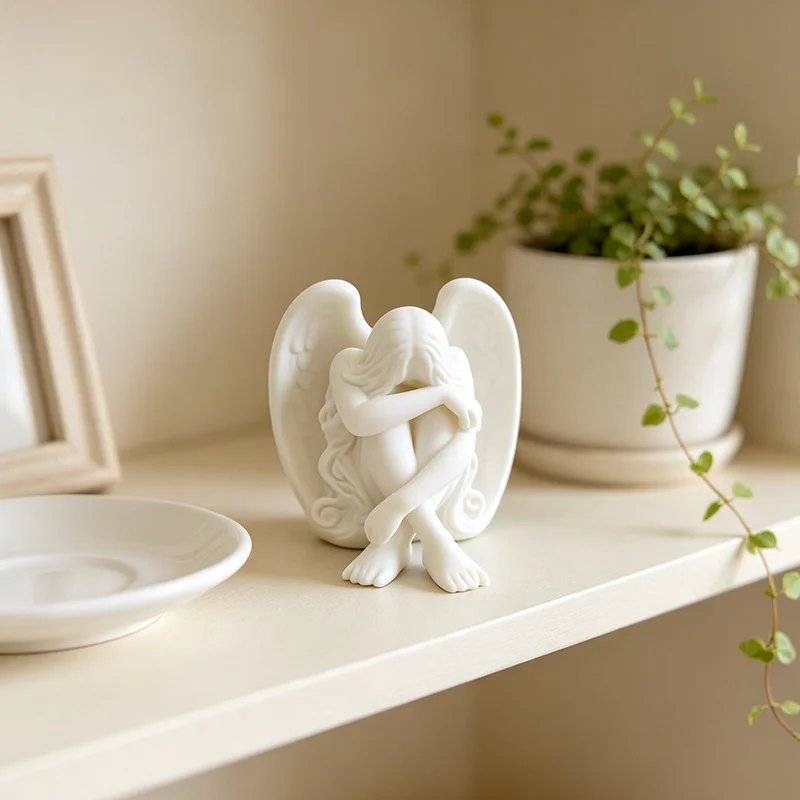 3D Printed Matte White Angel Statue Curly Wing Sitting Angel Figurine Minimalist Sad Angel Sculpture Tabletop Decor Ornament