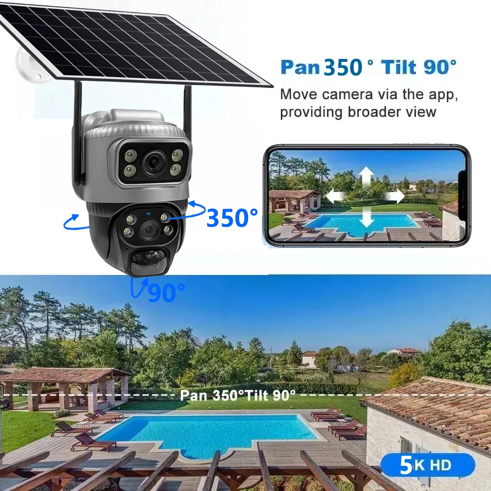 8MP 4K HD Solar WiFi Camera Outdoor Built-in Battery Dual Lens Night Vision Security Camera PIR Human Detection Surveillance Cam