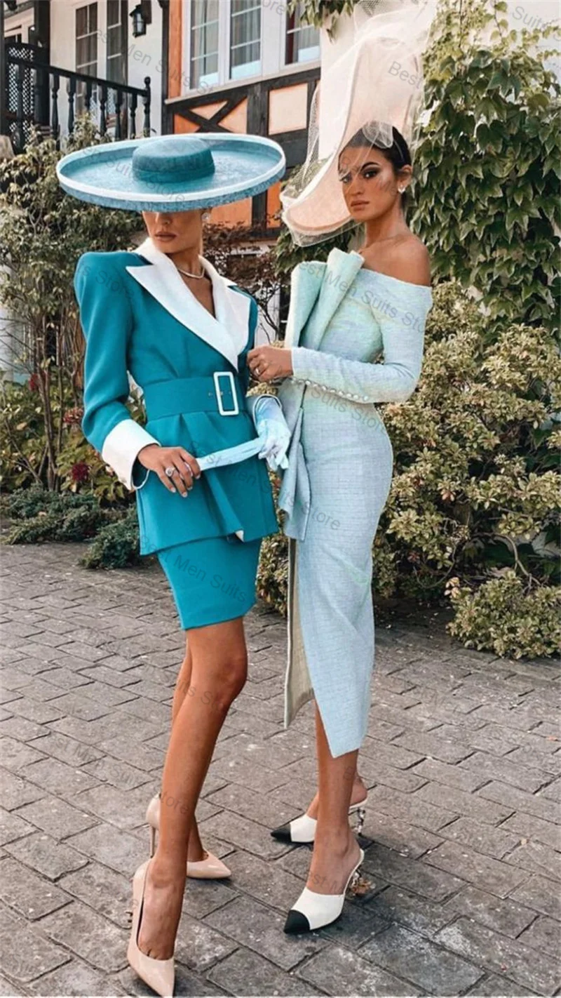 

Blue White Women Suit Skirt Set 2 Pcs Blazer+Short Prom Dress Belted Cotton Formal Office Jacket Customized Wedding Guest Coat