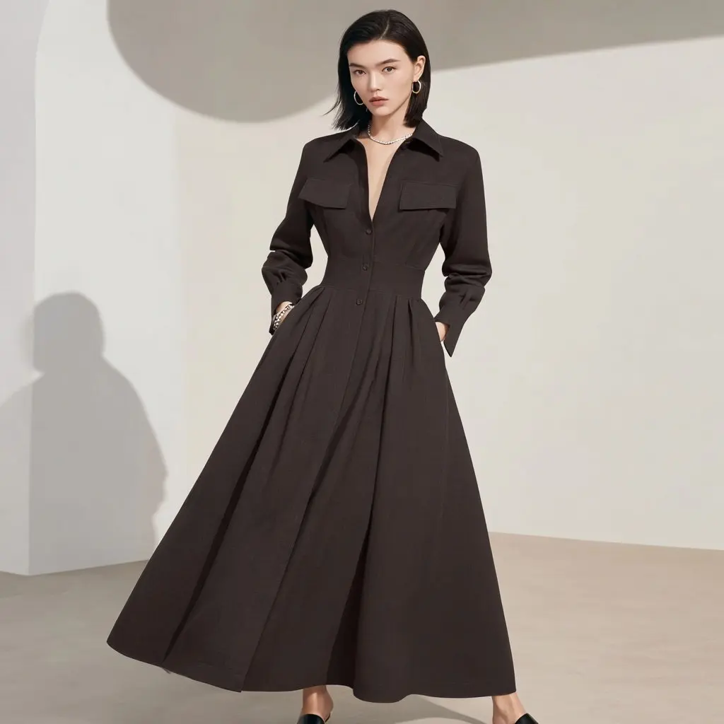 Lose Fit Mid-Länge Kleid Herbst Winter Kleidung Mit Hemd Kragen Gerade Hülse Casual Stil frauen Rock Typ kleid