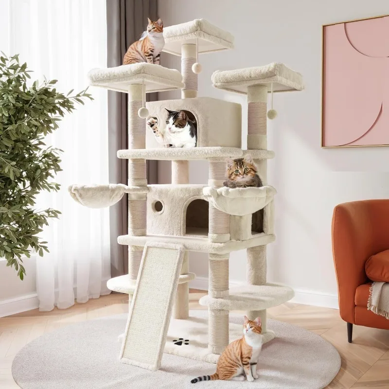 

SHA CERLIN 68 Inches Multi-Level Cat Tree Tower with Condo, Plush Perches, Scratching Posts, Hammocks, and Play House, Beige