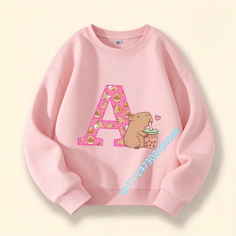 2026 cartoon print hooded shirt A-Z alphabet card Capibara children's crew-neck pullover boys' sports shirt girls' casual top