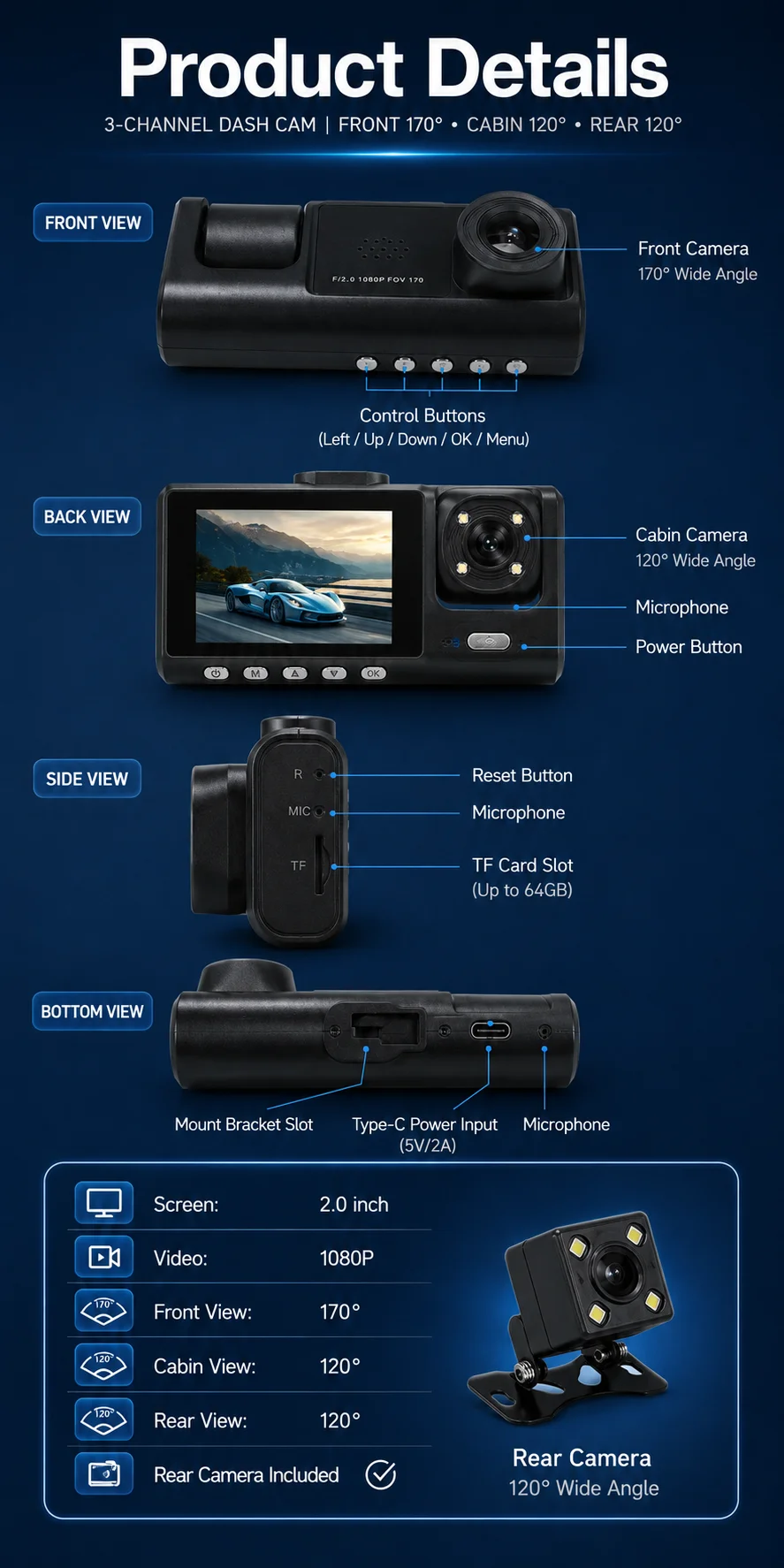 3 Channel Dash Cam 1080P Front Rear Inside Camera 170 Degree Wide Angle Night Vision Loop Recording G-Sensor Rear Camera Car DVR
