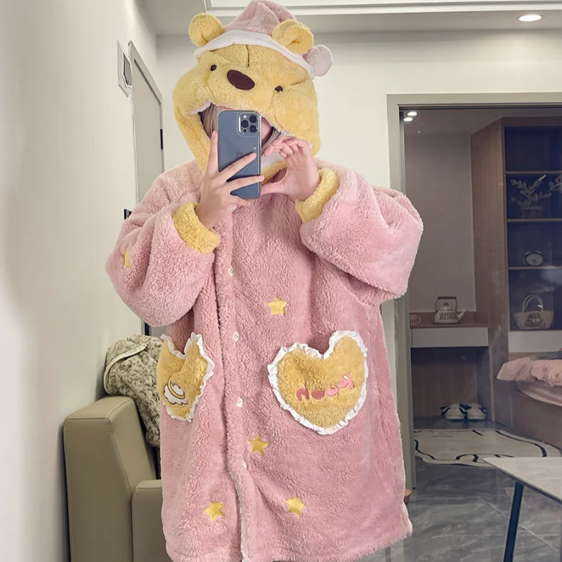 CartoonWinnie the Pooh hooded pajamas women\'s winter coral fleece new fleece thickened plush warm loungewear women\'s pajamas set