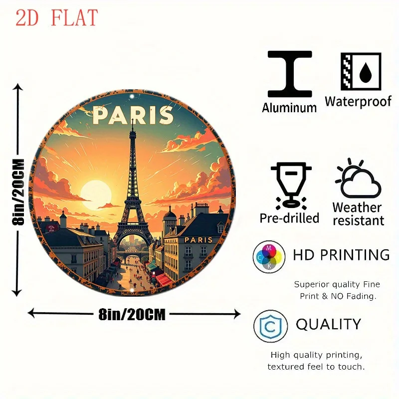 1pc Paris France Eiffel Tower Sunset Cityscape Metal Wall Decor - 8-Inch Round French Country Farmhouse Decoration with Vibrant
