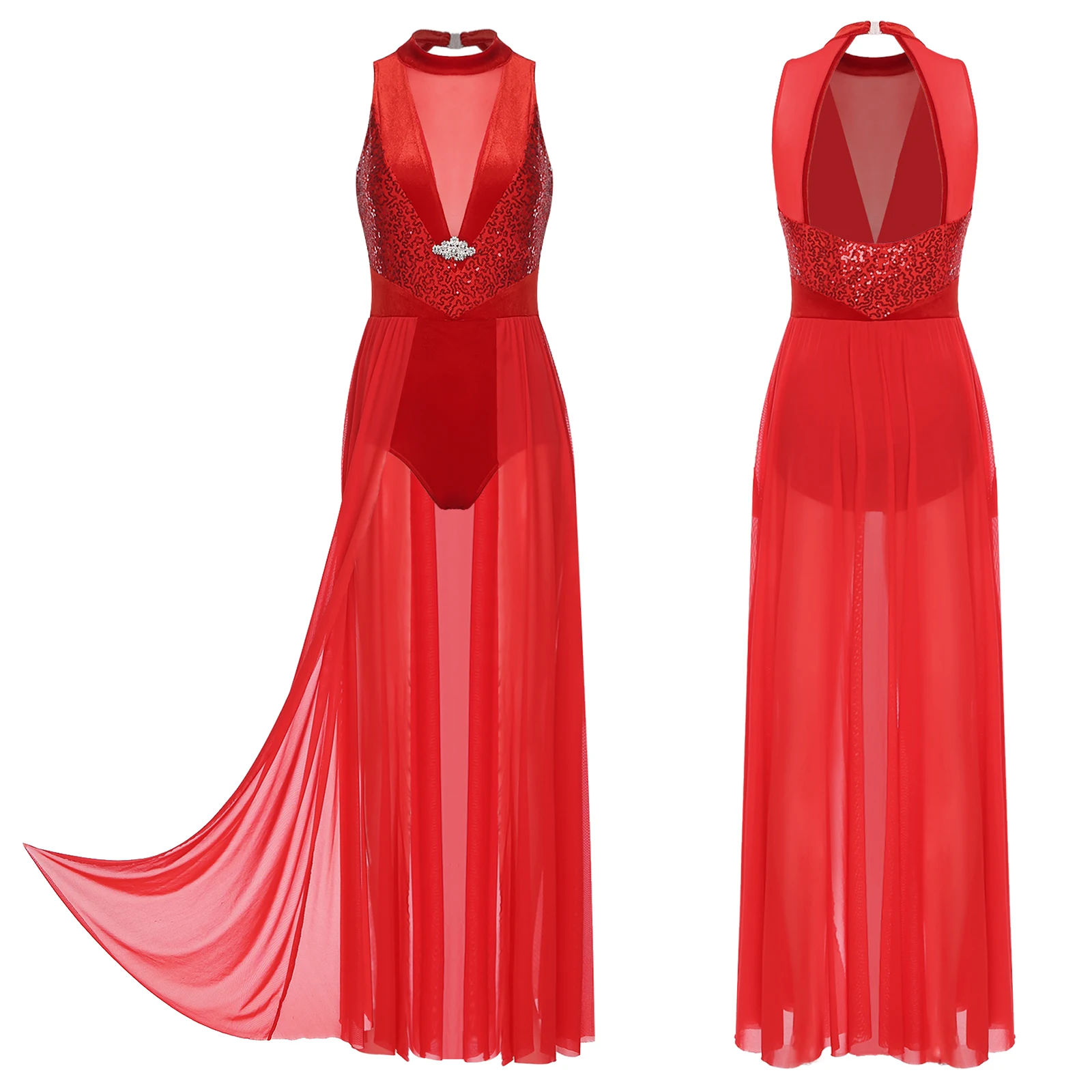 

Elegant Women Lyrical Dance Dress Modern Contemporary Costume Sequin Halter Sleeveless Long Flowy Maxi Dress Performance Clothes
