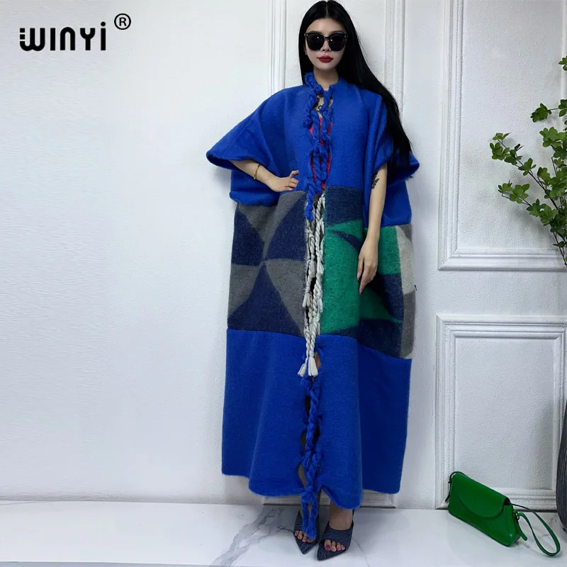 WINYI 2023 Catwalk model winter coat dress for women Africa print tassels Luxury Long Fur Loose abaya Thick Warm long down coat