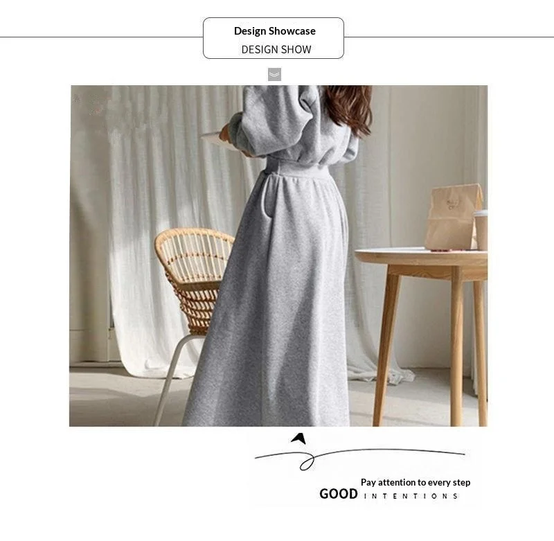 Koreanischer Stil, Herbst-Winter-Kapuzen-Sweatshirt-Kleid, Übergröße, tailliert, einfarbig, langes Kleid für Studentinnen und Frauen, lässig – Detail 3