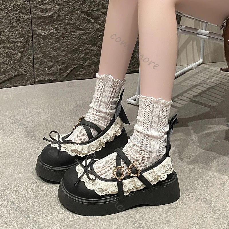 Comemore Brown Retro Thick Bottom Loafers New Spring and Autumn Round Toe Shallow Bow Lace Mary Jane Shoes Casual Platform Pumps