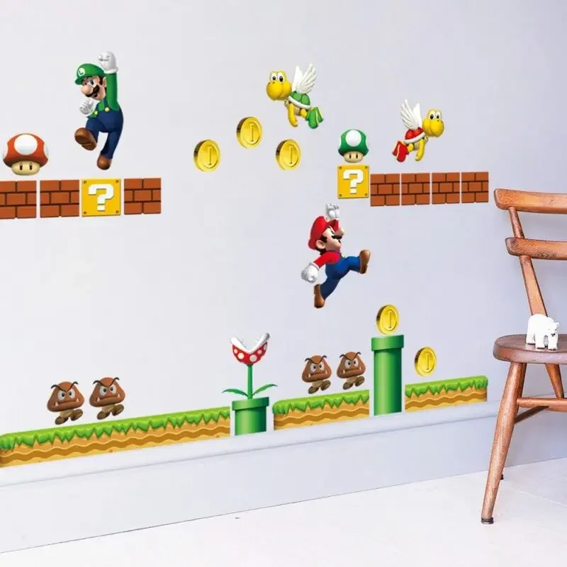 Super Mario Muster Mario Bros Yoshi Mushroom Wand Stick Spielzeug Abnehmbare Aufkleber Cartoon Große Dekoration Kunst Kindergarten Kind Wandbild