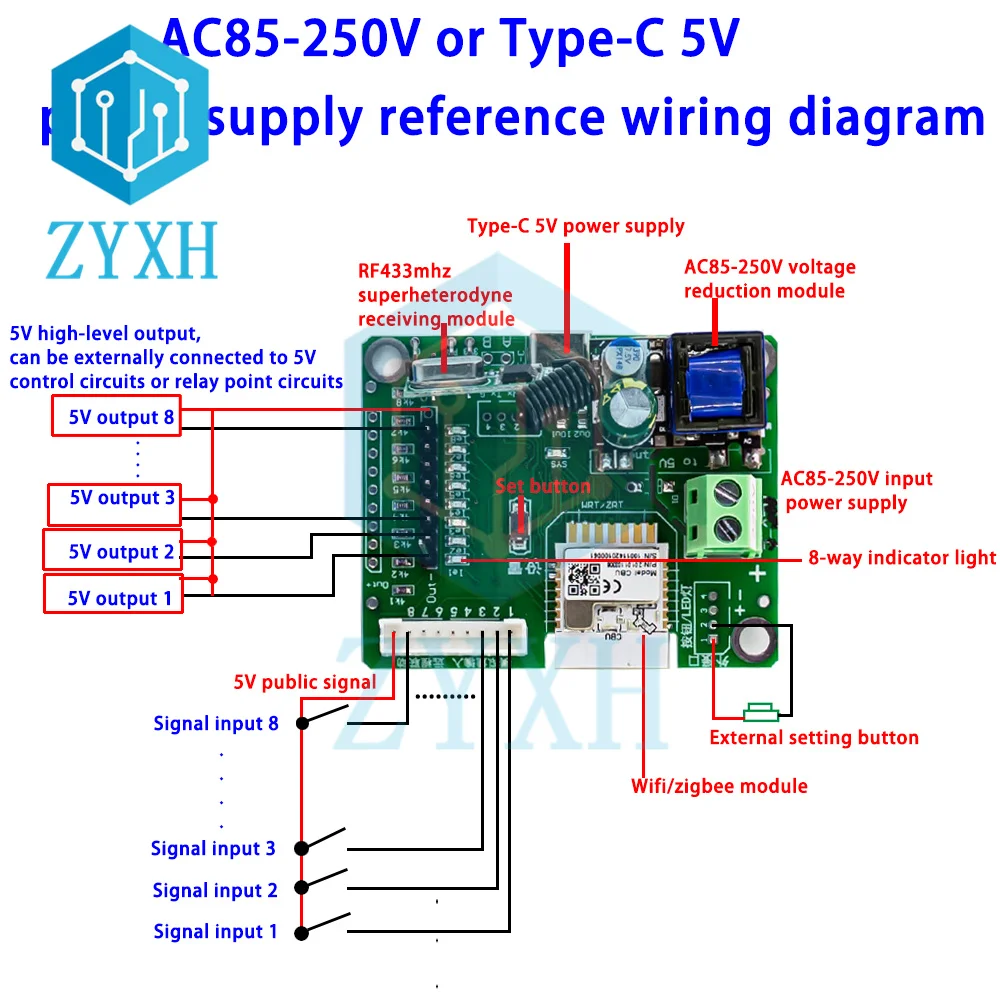 7-27V AC85-250V Tuya 8 Way WiFi/Zigbee Remote Switch Signal Control High-level Signal Input Mobile Phone Display Circuit Status