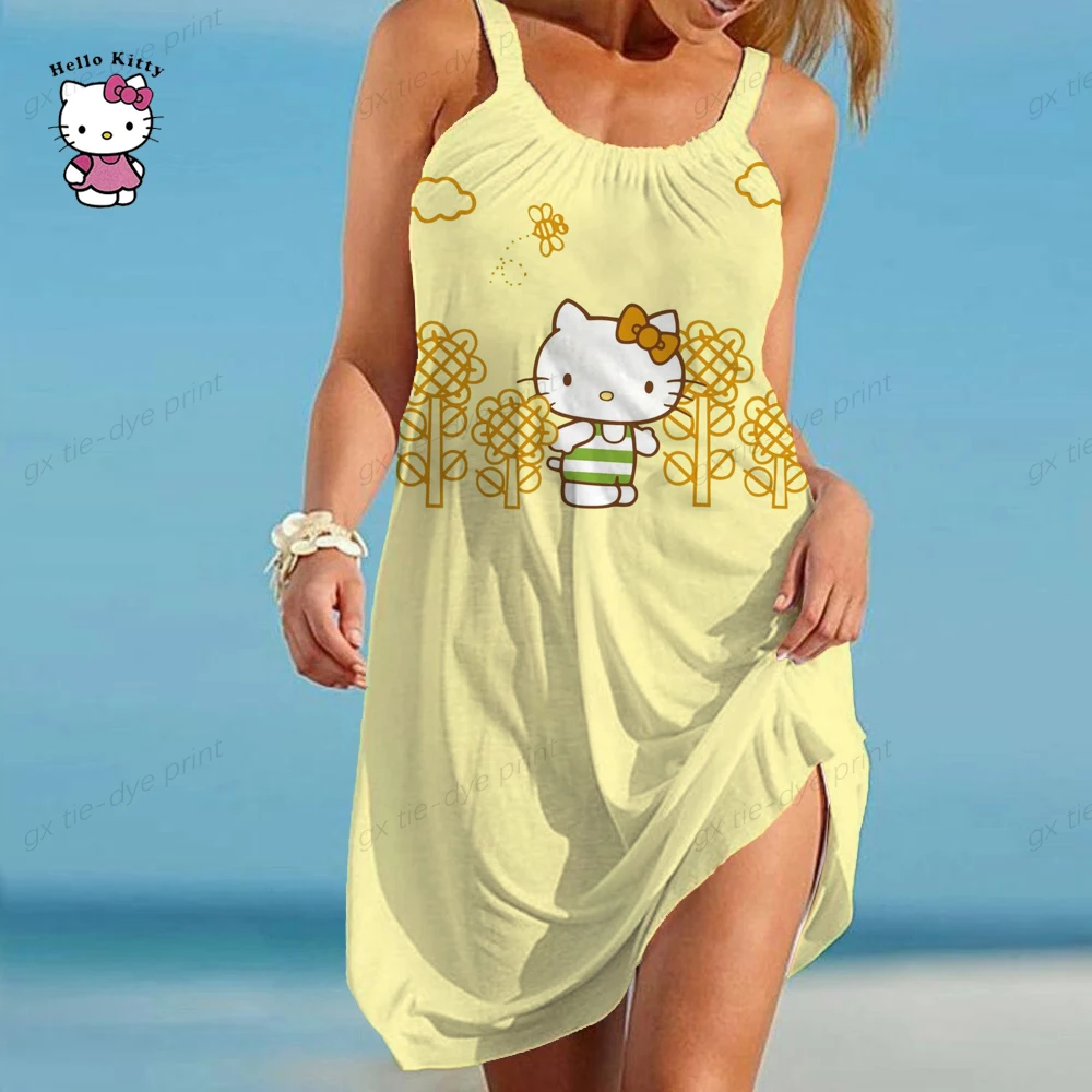 2023 seksowna sukienka damska letnia O dekolt w stylu Vintage Boho impreza na plaży sukienka plażowa Hello Kitty Oversize Sundress