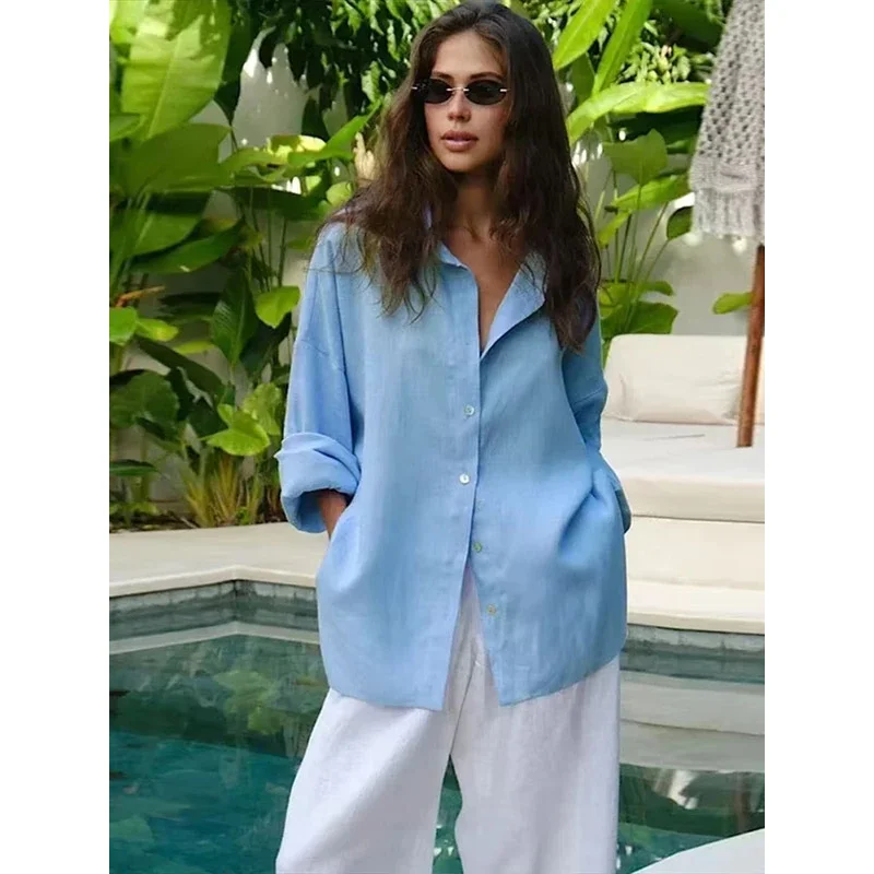 قميص بوني كبير الحجم من الكتان بأكمام طويلة وطية صدر السترة من القطن الوردي كاجوال