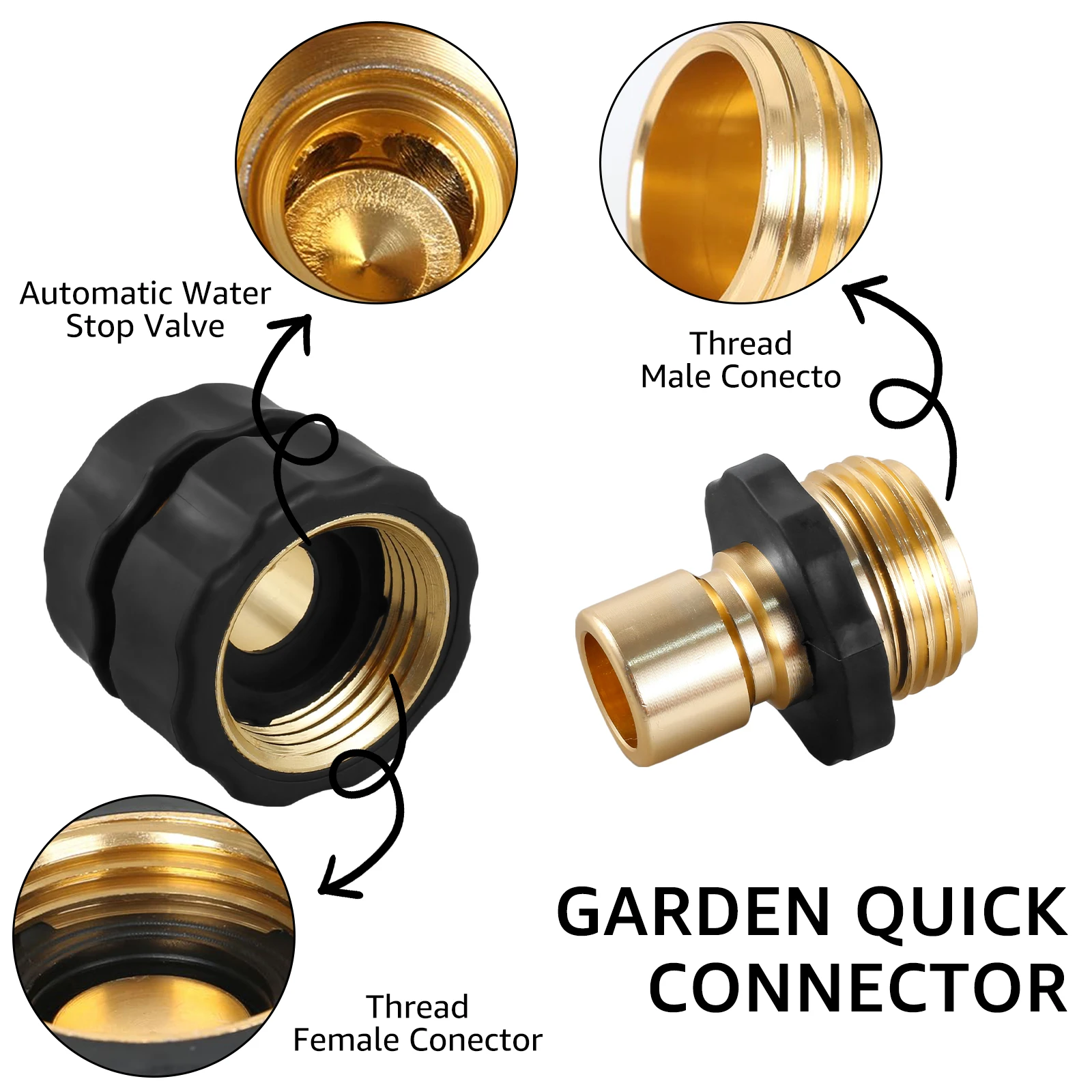 Mangueira de jardim Quick Connect, Conector macho e fêmea de latão, Conjunto de conectores, 3 