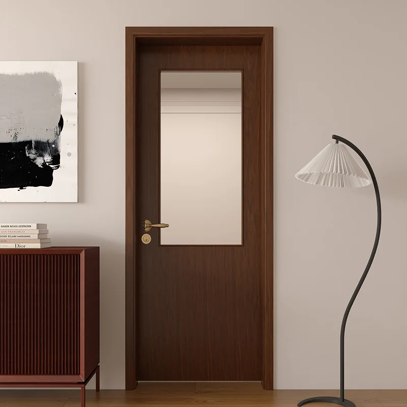 Solid wood paint door indoor room bedroom swing walnut glass single door solid wood composite
