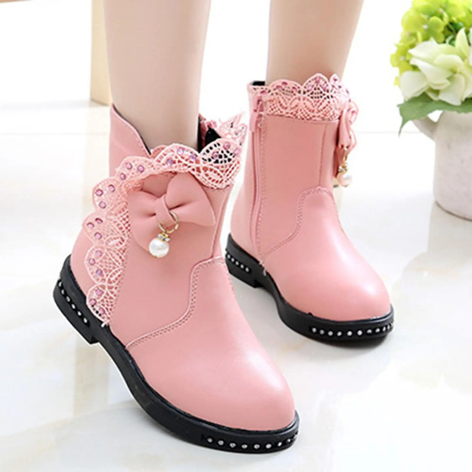 

Girls Snow Boots Autumn Winter Warm Cotton Lace Bow-Knot Pearls Pendant Decor Princess Boots Side Zip Short Boots 27-37 Size