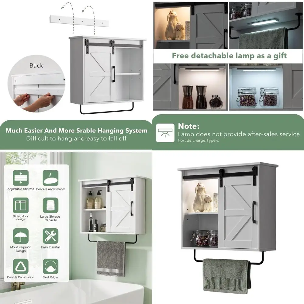 

Over Toilet Sliding Door Farmhouse Medicine Cabinet, 23x19 Inch, with Towel Bar, Motion Sensor Light, Adjustable Shelves, White