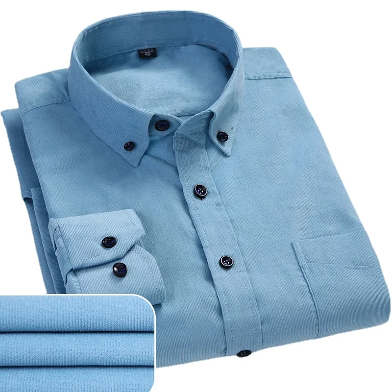 2025 Cotton Corduroy Casual Warm Solid  Shirt Long Sleeve Winter Regular Fit Mens Men\'s Shirts with Pokets
