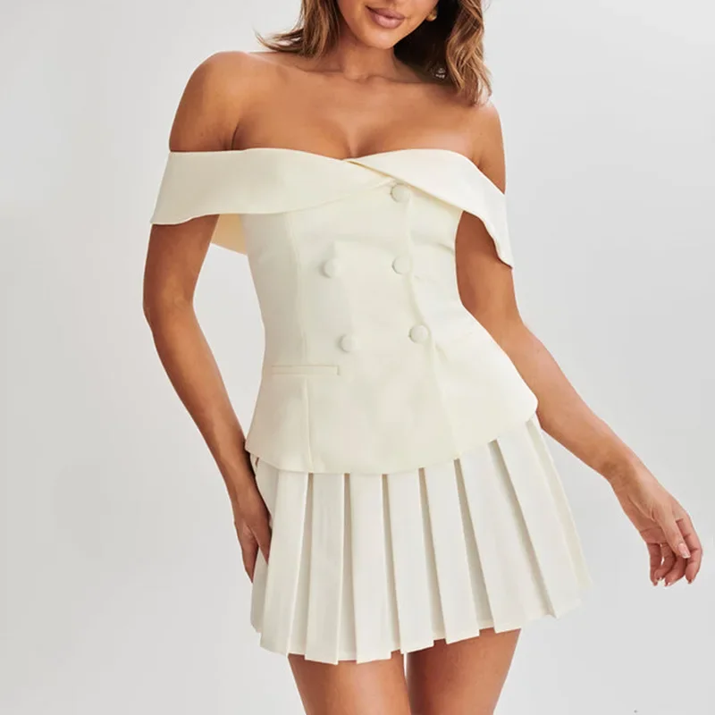 Amerikaanse Mode 2024 Dames Zomer Nieuwe Stijl Off Shoulder Double Breasted Top Geplooide Rok Tweedelige Set Dameskleding