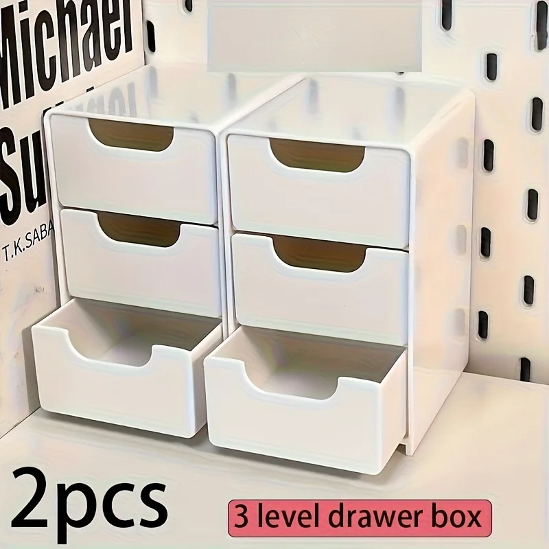 

2pcs Three Layer Plastic Drawer Storage Box - Compact and Cute, Suitable for Office Supplies, Hair Clips, Jewelry, and Cosmetics